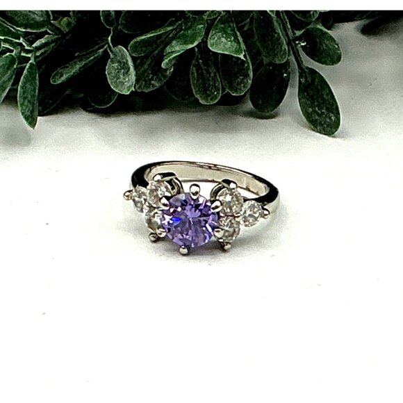 Silver Tone Ring With Purple & Clear Cubic Zirconia Stones - Picture 3 of 6